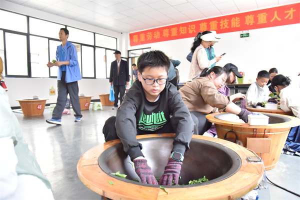 图七 “书香载道 阅游庐州——跟着书本游合肥”中孩子在白云春毫茶旅基地体验炒茶流程.jpg 图七 “书香载道 阅游庐州——跟着书本游合肥”中孩子在白云春毫茶旅基地体验炒茶流程.jpg